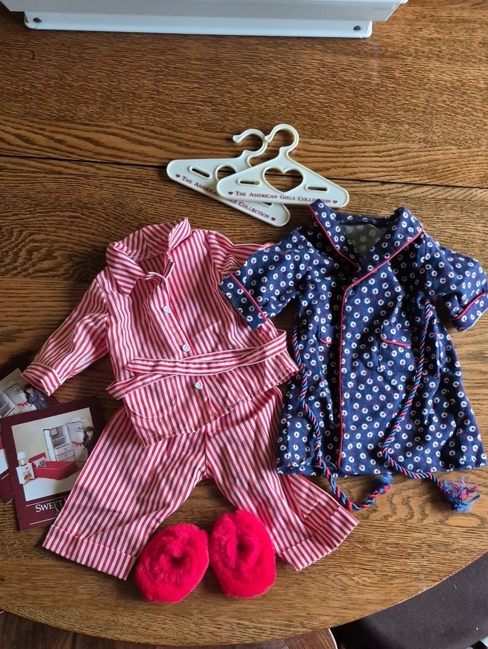 American Girl Red & Navy Striped Pajama Set with Floral Robe and Pink Slippers